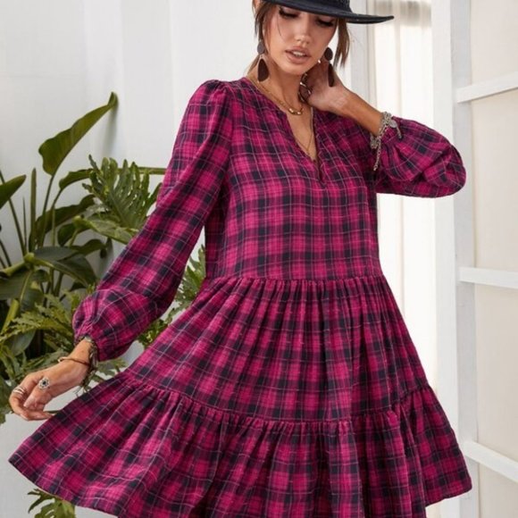 BOHO Plaid ruffle hem lantern sleeve dress plum - Picture 5 of 6